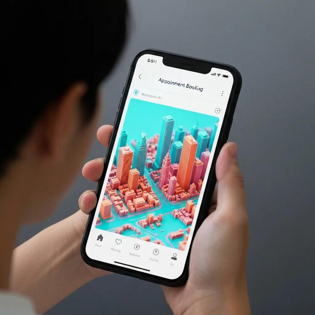 Person holding smartphone displaying a colorful 3D cityscape with "Appointment Booking" interface, illustrating CloseBot V2's AI scheduling features.
