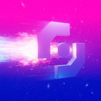 Accelerate-image-v2 Abstract logo design with dynamic motion effect, featuring geometric shapes and a vibrant pink and blue gradient background, symbolizing innovation and speed in AI solutions for CloseBot partners.