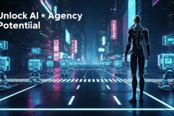 Futuristic cityscape with a humanoid robot standing on a neon-lit street, showcasing AI agency potential with digital screens and robotic elements.