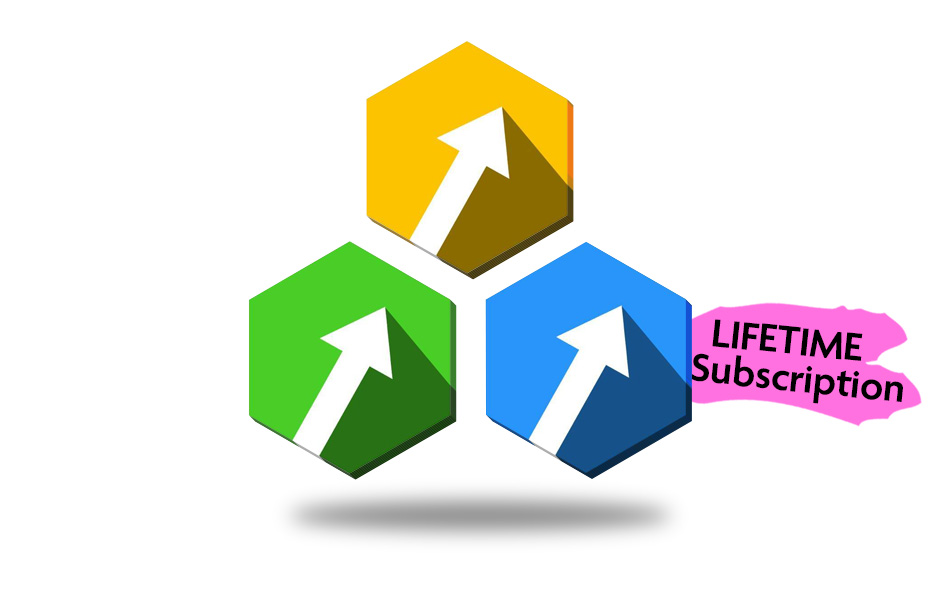 HLPT-Lifetime Hexagonal icons in yellow, green, and blue with upward arrows, featuring a pink banner stating "LIFETIME Subscription," representing CloseBot's subscription offer for AI-driven solutions.