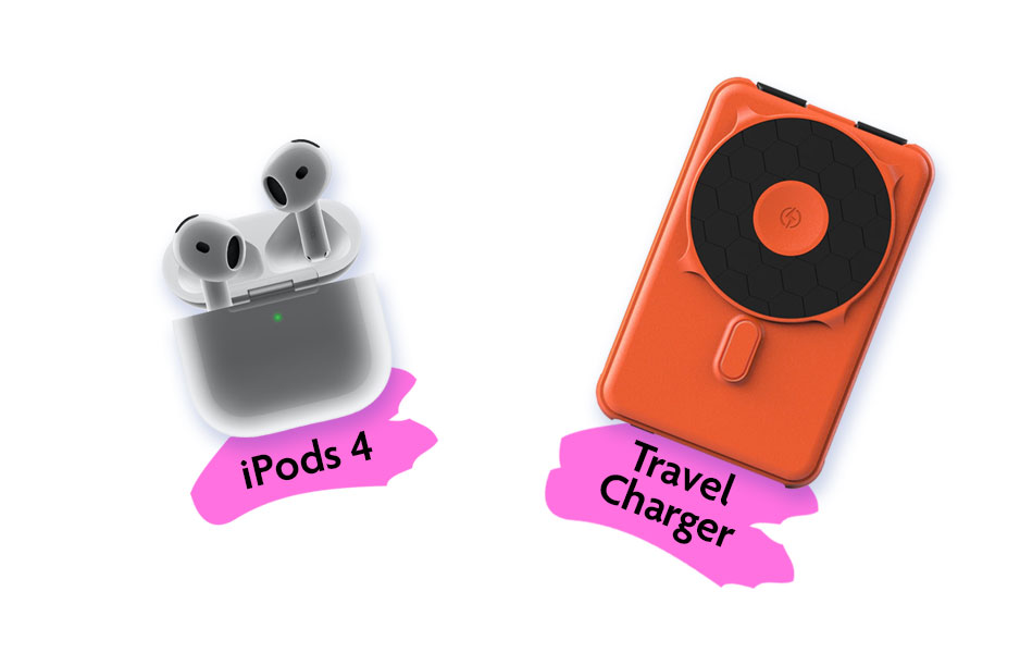 iPods-and-Charger iPods 4 and travel charger on a white background, highlighting wireless audio and portable charging solutions.