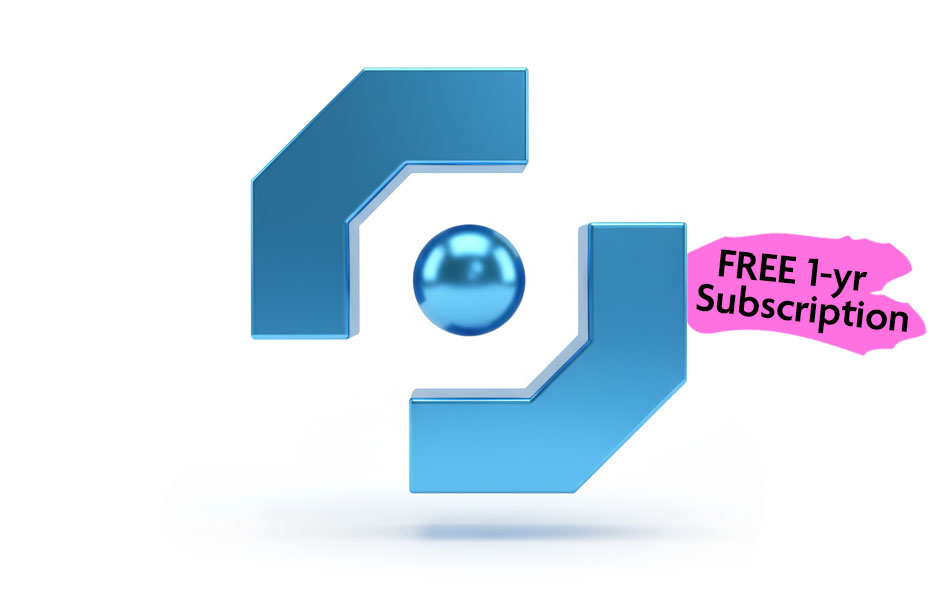 subscription Blue geometric shapes with a central sphere and a pink banner stating "FREE 1-yr Subscription," promoting CloseBot's subscription offer.