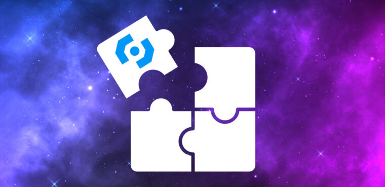 Puzzle pieces symbolizing CloseBot's integration within the HighLevel ecosystem, featuring a blue logo on one piece against a cosmic background.