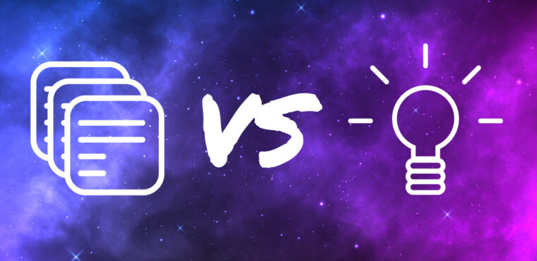 Copying versus innovation graphic, featuring stacked documents symbolizing copying and a light bulb representing innovation, set against a cosmic purple and blue background.