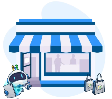 Storefront illustration featuring a robot character symbolizing CloseBot, showcasing the integration of conversational AI within a marketplace context.