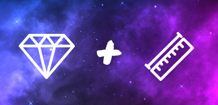 Diamond icon, abstract symbol, and ruler graphic against a cosmic purple background, representing stability and scale in technology and marketplace apps like CloseBot.