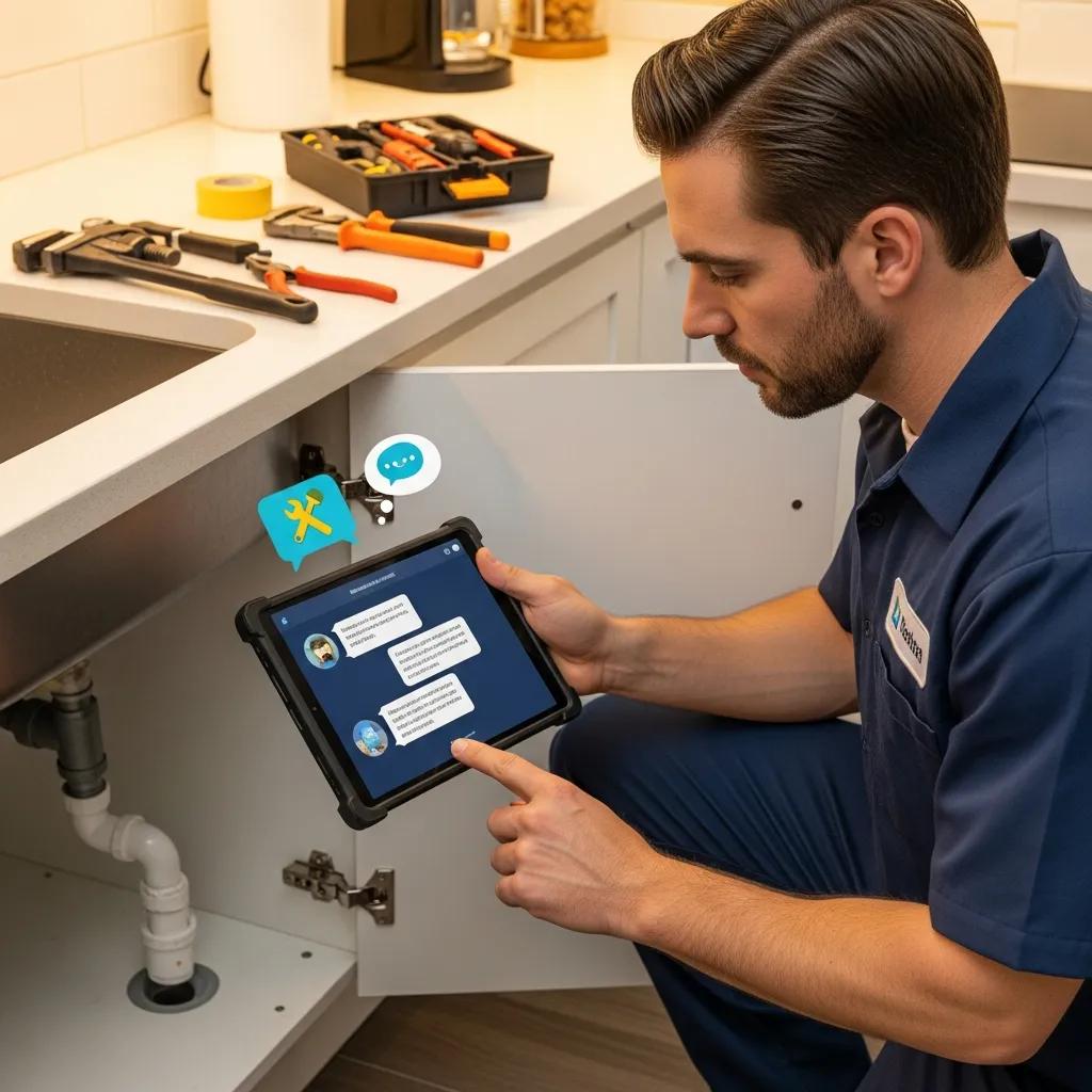 Plumbing technician using AI chatbot for customer service in a home setting
