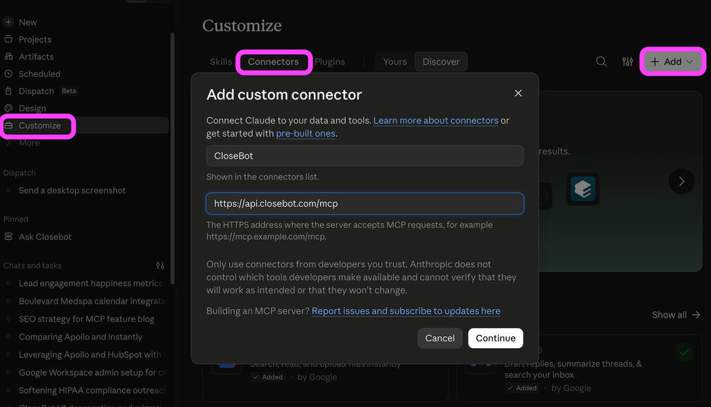 how to connect closebot mcp for sales to claude