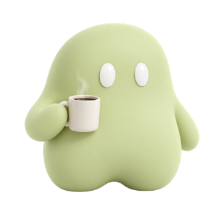 A green character holding a steaming cup of coffee